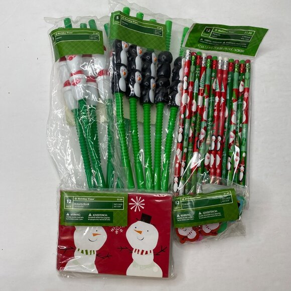 Holiday Time Christmas Party Favor Set Penguins Santa Snowmen Pencils Straws - Picture 1 of 7